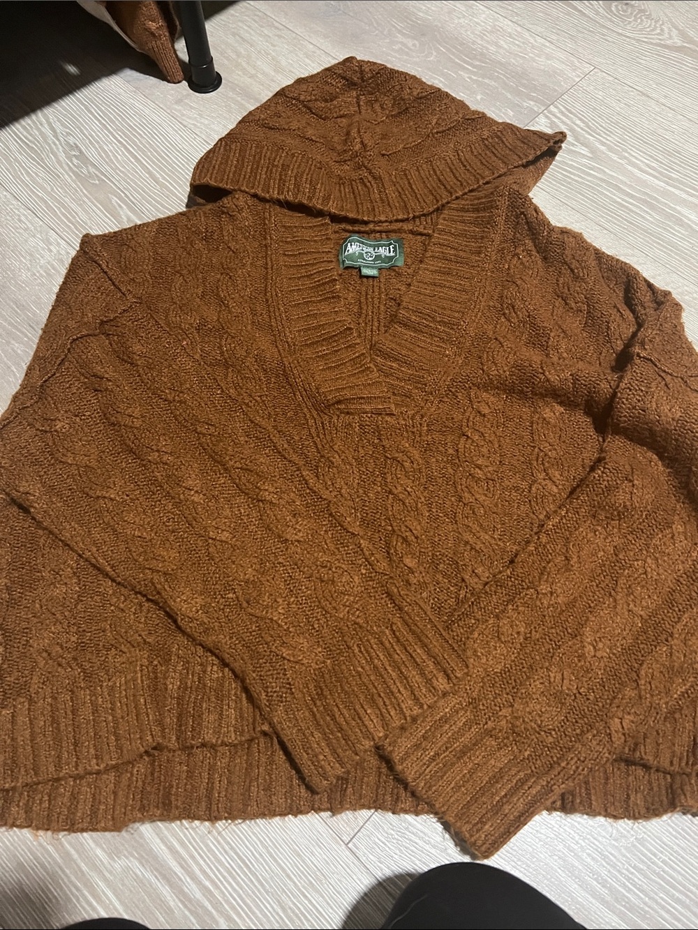 American Eagle Outfitters Women's Rust Cable-Knit V-Neck Hoodie Sweater